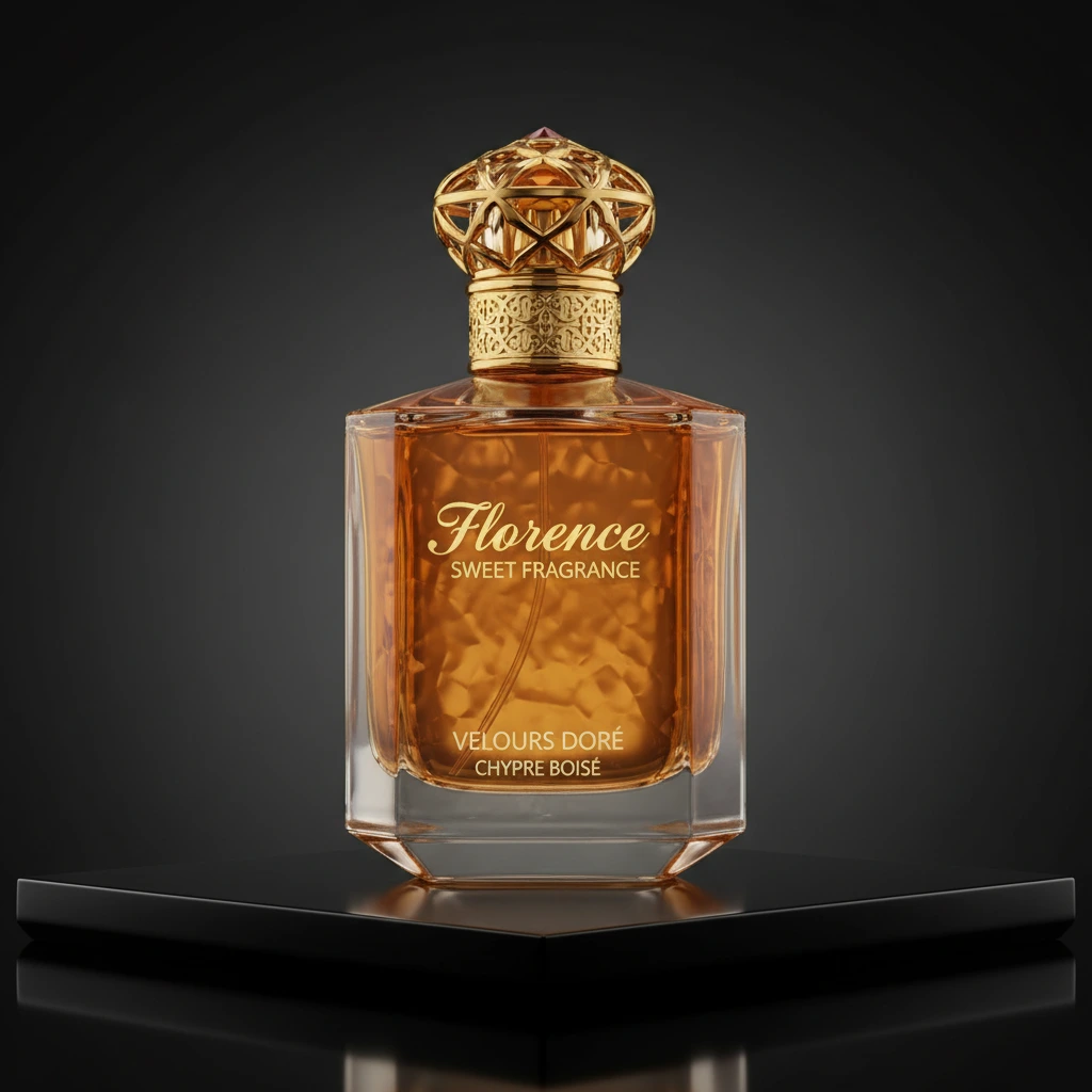 Luxury perfume bottle with golden cap on dark background